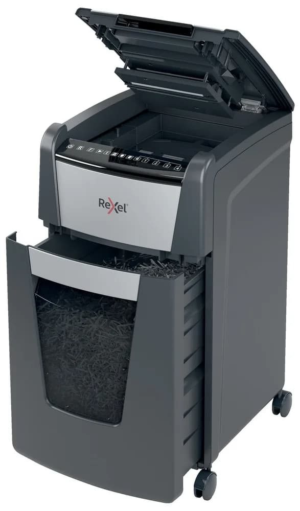 Distrugator automat documente Rexel OPTIMUM 300X, 300 coli, P4, cross-cut (tip confeti), cos 60 litri, negru-gri, "2020300XEU" — miniatură