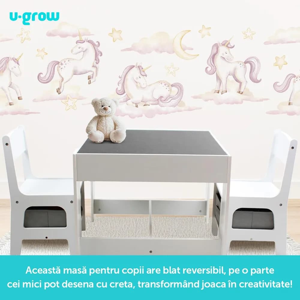 Set masuta si 2 scaune pentru copii, alb MDF, U-Grow — miniatură