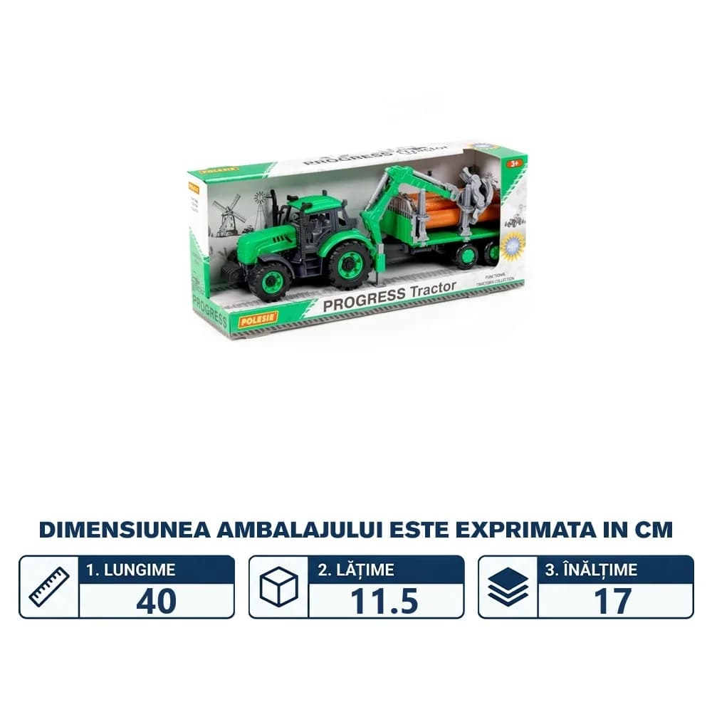 Tractor cu remorca lemne - Progresso, 40x11.5x17 cm, Polesie — miniatură
