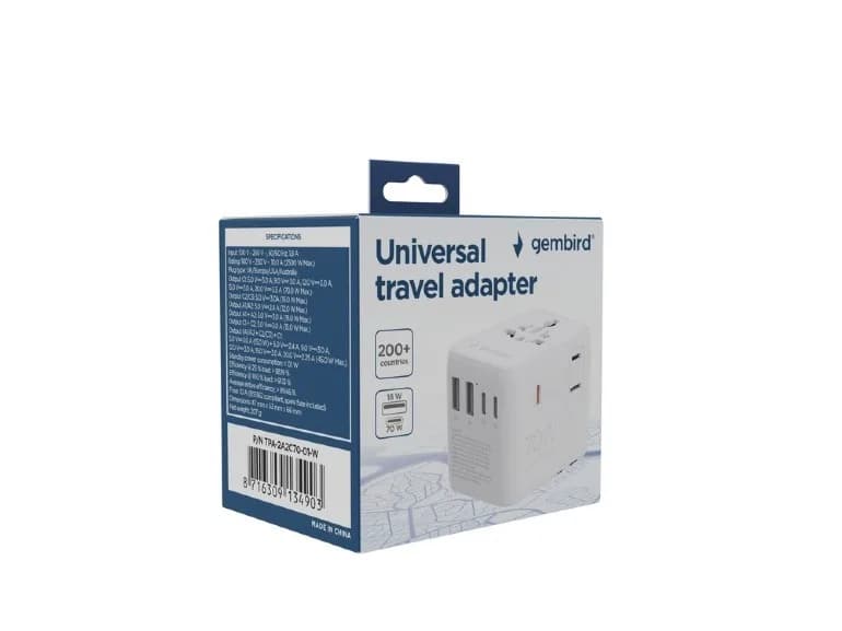 ADAPTOR GEMBIRD, universal, conectori: US/UK/EU/AU, 2x USB Type-C PD 70W, 2x USB-A 15W, siguranta 10A, max. 2500W, alb, "TPA-2A3C70-01-W" — miniatură