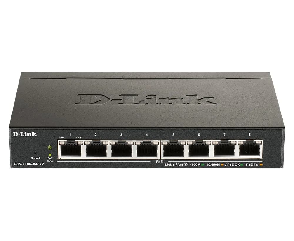 SWITCH PoE D-LINK Smart 8 porturi Gigabit (8 PoE) IEEE 802.3af, carcasa metalica, "DGS-1100-08PV2"