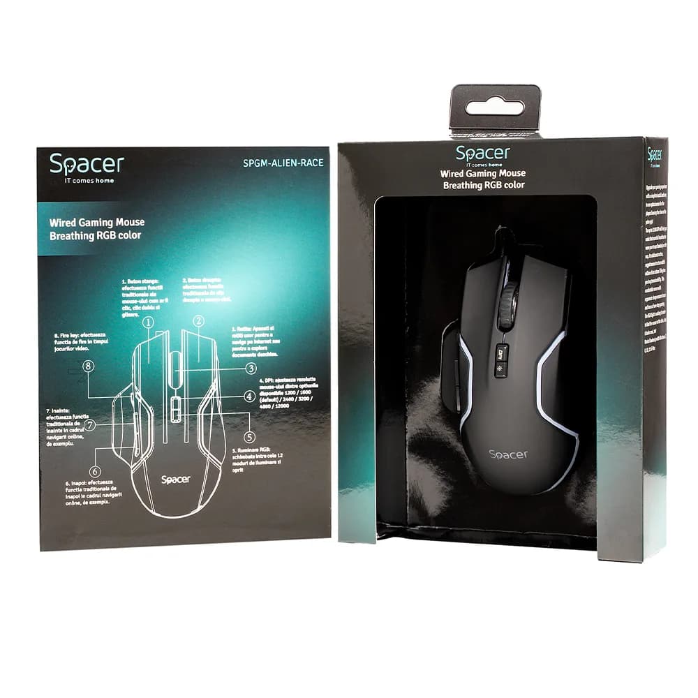 MOUSE Spacer - gaming, gaming, cu fir, USB, optic, 12.000 dpi, butoane/scroll 8/1, iluminare RGB, negru, "SPGM-ALIEN-RACE" — miniatură