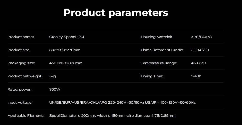 CREALITY 3D SPACE PI X4 FILAMENT DRYER, Capacitate: 4 role de filament, doua camere independente cu control temperatura independent, temperatura: pana la 85°C, dezumidifcare activa, Touchscreen 3.2", Compatibil cu role de filament de 1kg, 2kg, diametru 1.75mm si 2.85mm. — miniatură