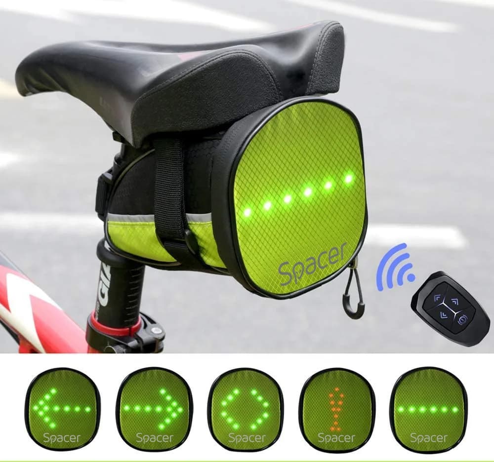 GEANTA reflectorizanta SPACER pentru Bicicleta, cu semnalizare LED prin telecomanda si de montat la sa, "SPBB-LEDSign" — miniatură