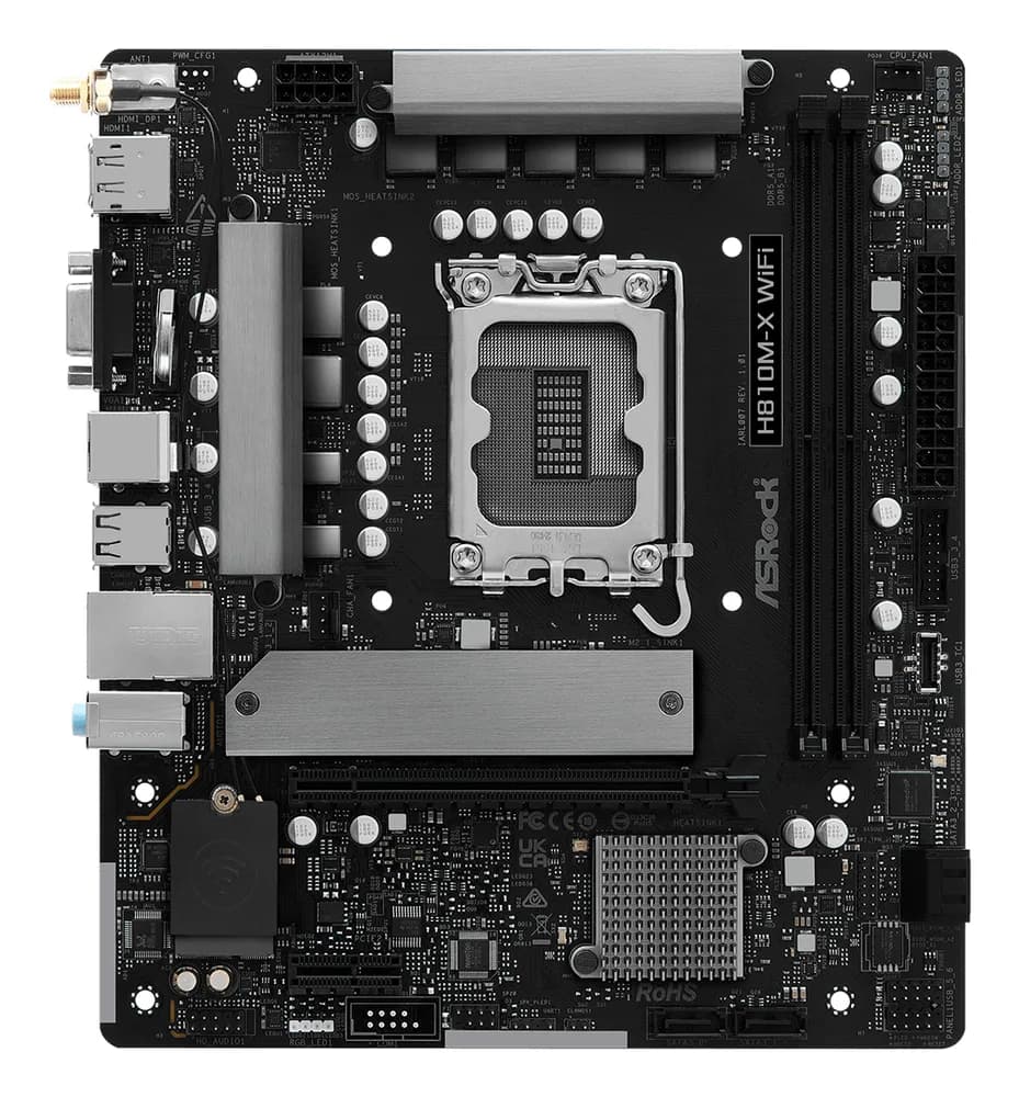 Placa de baza AsRock "H810M-X WIFI", skt. LGA 1851, chipset Intel H810, mATX, 2 x DDR5 max. 128 GB, USB 3.2 gen1 A, Type-C, 2.5 GHz Lan, 4 x SATA, 2 x M.2, PCIe 4.0, HDMI, VGA, DisplayPort, "H810M-X WIFI"