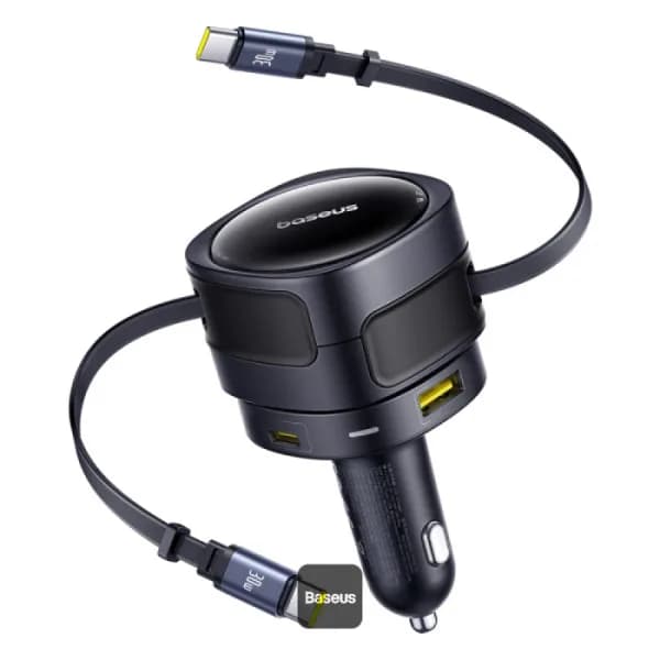 INCARCATOR auto Baseus Enjoyment Max, Quick Charge 90W, 1 x USB, cablu retractabil integrat 2 x USB Type-C, pt. bricheta auto, negru "C00035507121-03" - 6932172682606