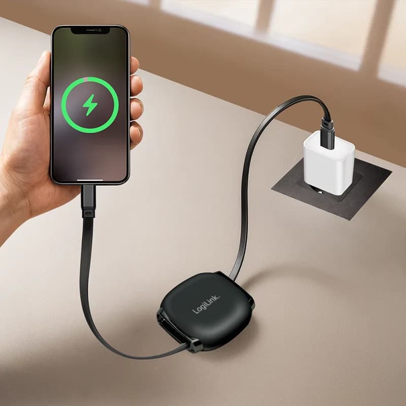 CABLU alimentare si date LOGILINK, pt. smartphone, USB 2.0, USB Type-C (T) la USB Type-C (T), 1m, PD 60W, 480Mbps, retractabil, ecranat, plastic, black, "CU0500" — miniatură