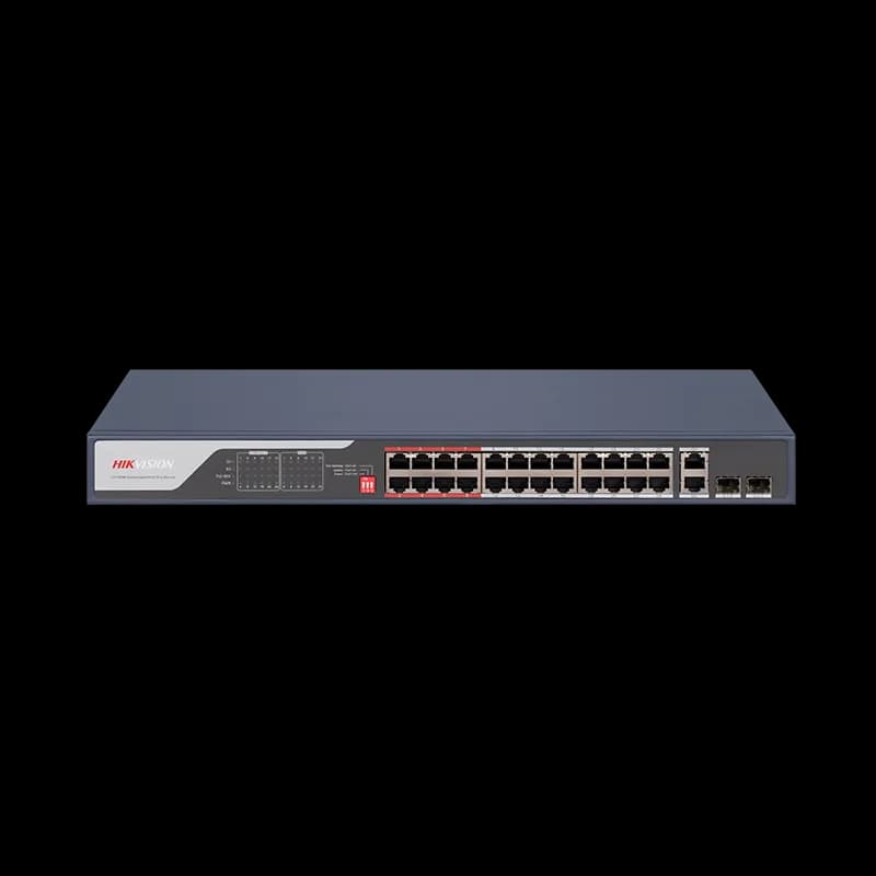 Switch PoE Hikvision DS-3E0326P-E(C): 24 x 10/100Mbps PoE port,2 × Gigabit combo, buget PoE 370 W, tensiune alimentare 100 to 240 V AC, 50/60 Hz, Max. 6.5 A, dimensiuni: 440.00 mm × 44.00 mm × 220.80 mm, greutate: 3.54kg, montare in rack.