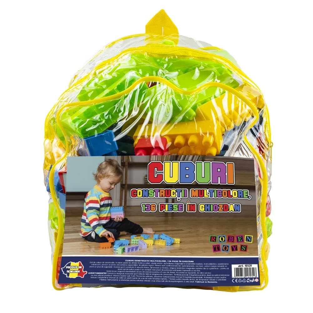 Cuburi constructii, multicolore, 136 piese/ghiozdan - ROBENTOYS — miniatură