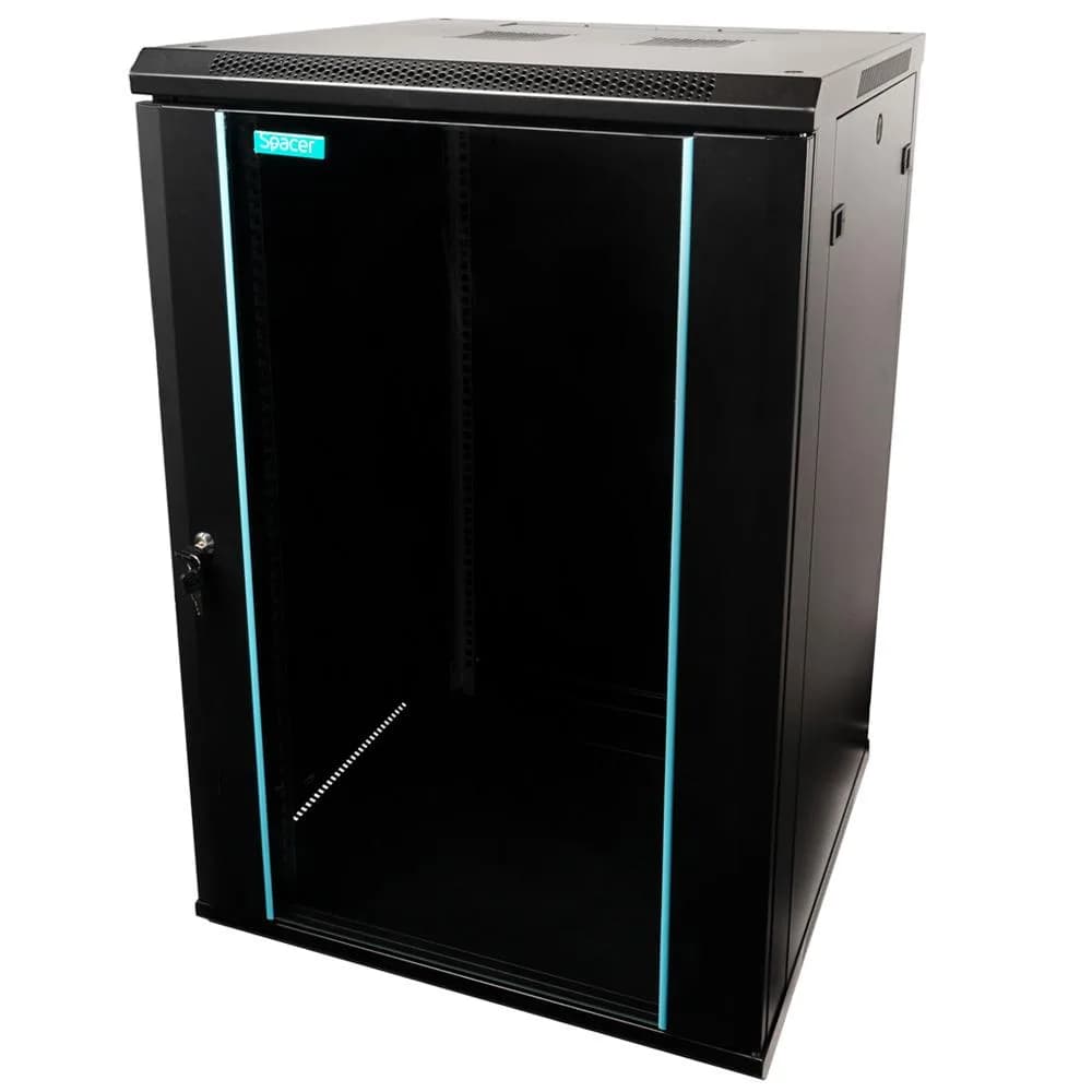 CABINET 19″ SPACER 18U 600x600mm, fixare pe perete, Flatpack (dezasamblat), Black, usa sticla cu blocare, panouri detasabile, otel 1.5mm, sarcina maxima 60Kg