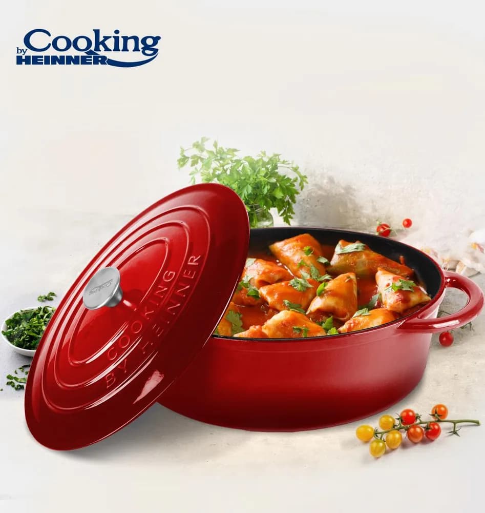 SEMIOALA FONTA EMAILATA OVALA+CAPAC 33.5x26X12 CM, 6L, RED LINE, COOKING BY HEINNER — miniatură