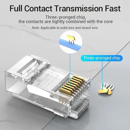 Mufe RJ45 UTP Vention, Cat. 6a, 50 buc per punga, AWG 23-26, diam. fir 1.5mm conectori auriti, transparent, "IDGR0-50" - 6922794744301 — miniatură