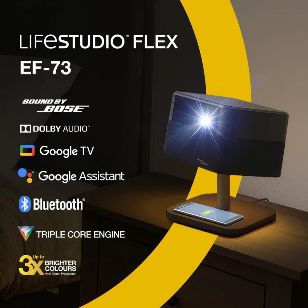 Epson Proiector Lifestudio Flex Special Lux Edition — EF-73 Night Black, Tehnologie 3LCD, LCD 0.62", 1000 Lumeni, Rezolutie: 4K, Aspect: 16:9, Contrast: 5.000.000 : 1, Sursa lumina: LED, Durata de viata: 20.000 ore, refresh rate 192 Hz - 240 Hz, suport HDR, Marime ecran: 30 inchi - 150 inchi