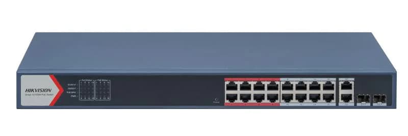 Switch 16 porturi POE Hikvision DS-3E1318P-EI(B), L2, Smart Managed, 16 × 100 Mbps PoE RJ45 ports si 2 × porturi gigabit, Putere PoE 230W, maxim 30W per port, Extend mode - pana la 300 metri,  Switching capacity 7.2 Gbps, Visualized Topology Management, Network Health Monitor, Real-Time Alarm Push