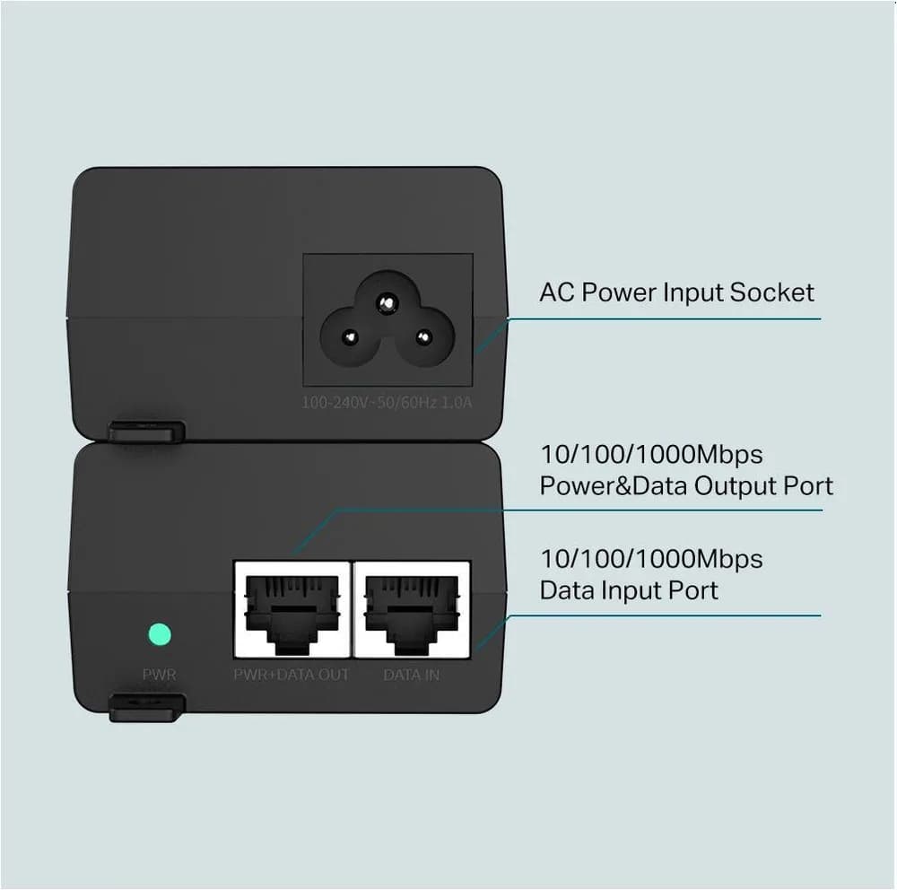 TP-Link, PoE+ Injector, TL-POE160S, Standarde si protocoale: IEEE802.3i, IEEE802.3u, IEEE802.3ab, IEEE802.3af, IEEE802.3at, interfata: 1 10/100/1000Mbps RJ45 data-in port, 1 10/100/1000Mbps RJ45 power+data-out port, Dimensiuni: 125 × 59.4 × 36.8 mm. — miniatură