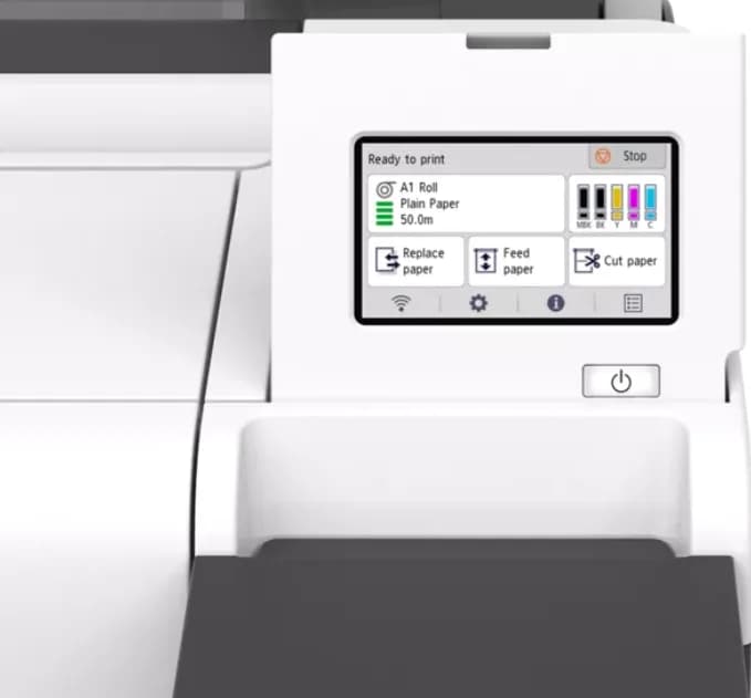 Plotter Canon imagePROGRAF TM-255 + HDD 500GB, 24"(610mm), format A1, 5 culori, rezolutie max 2400x1200dpi, memorie 2GB, limbaje de imprimare: HP-GL/2, HP RTL, PDF (Ver. 1.7), JPEG (Ver. JFIF 1.02), CALS G4 (submission via FTP only), display LCD 4.3", interfata: USB 2.0, Ethernet,WIFI consumabile — miniatură
