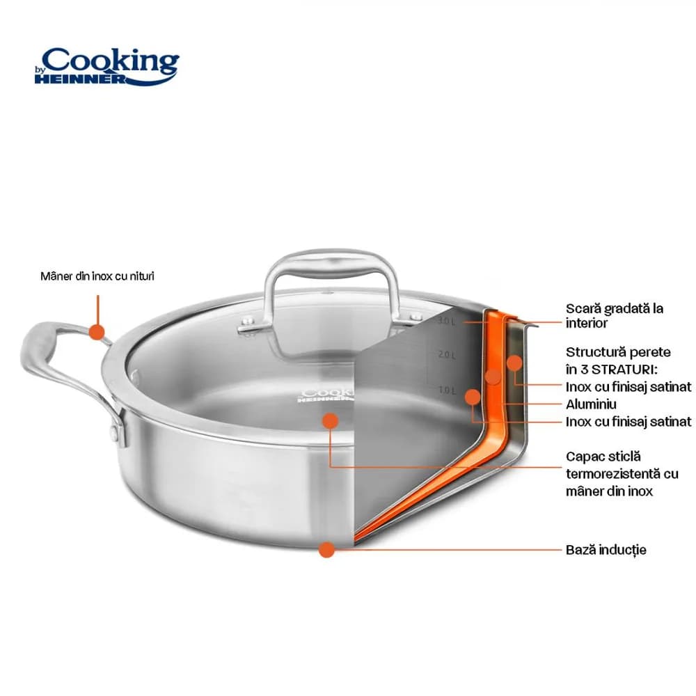CRATITA INOX+CAPAC STICLA 26X7CM, 3.5L, ATOMIC3, COOKING BY HEINNER — miniatură