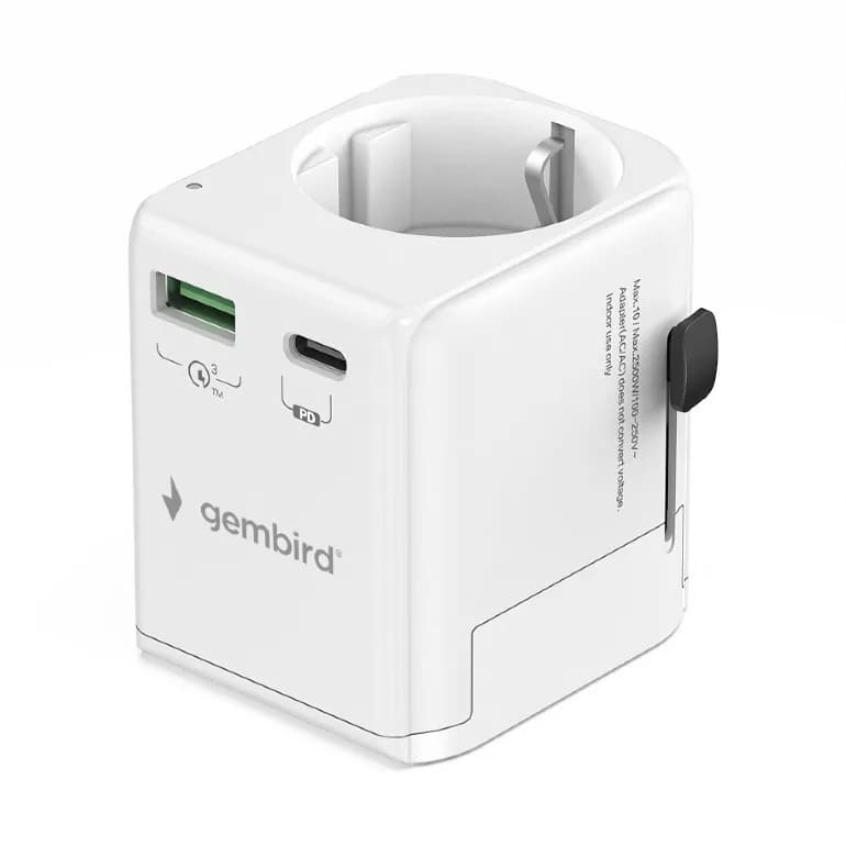 ADAPTOR GEMBIRD, universal, EU la conectori: US/UK/CN/AU, cu impamantare, 1x Schuko, 1x USB Type-C PD 20W, 1x USB-A QC 18W, siguranta 10A, max. 2500W, alb, "TPA-EU1A1C20-01-W" — miniatură