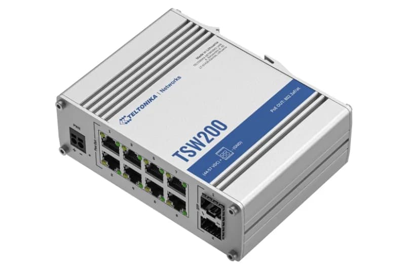 TELTONIKA INDUSTRIAL 8Port Unmanaged POE TSW200, Interfata: 8 x ETH ports, 10/100/1000 Mbps, supports auto MDI/MDIX crossover, 2 x SFP ports, Standarde wireless: 802.3i, 802.3u, 802.3ab, 802.3x, 802.3az, 802.3ad, Porturi POE: 1-8, Buget POE: 240W, Latime de banda: 20 Gbps, Carcasa aluminiu — miniatură