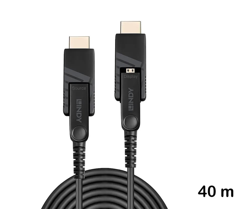 Cablu hibrid micro-HDMI 4K60 cu fibră optică de 40 m, cu conectori HDMI și DVI detașabili, Lindy 38323