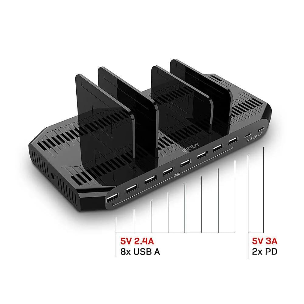 Hub USB Lindy 120W 10 Port USB Charging Station USB-A, 10 porturi, Negru — miniatură