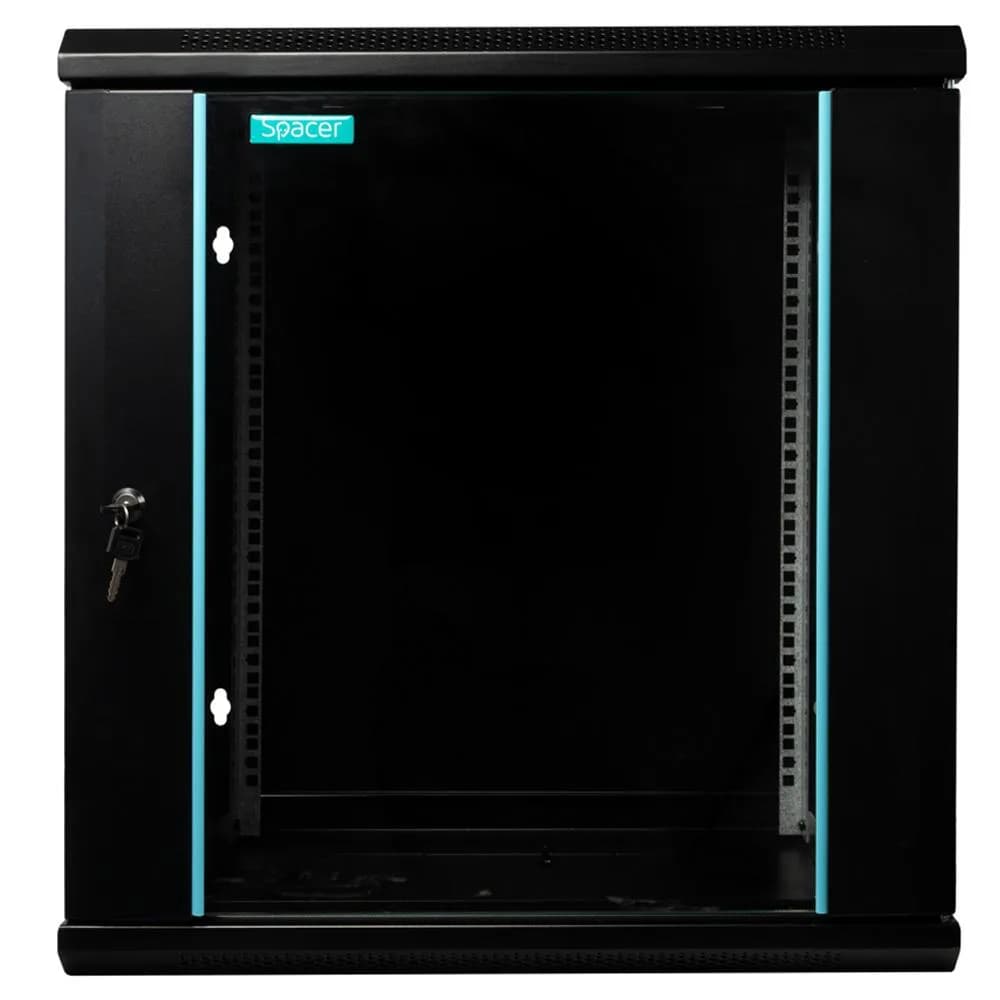 CABINET 19″ SPACER 12U 600x450mm, fixare pe perete, Flatpack (dezasamblat), Black, usa sticla cu blocare, panouri detasabile, otel 1.5mm, sarcina maxima 60Kg — miniatură