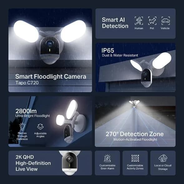 Cameră de supraveghere cu proiectoare TP-LINK TAPO C720, senzor imagine Starlight CMOS cu scanare progresivă 1/3, Apertură: F2.1, 2× proiectoare (Temperatură culoare: 5000K, luminiozitate: 2800 de lumeni), rezolutie maxima 2560 × 1440 px, frame rate 15 fps — miniatură