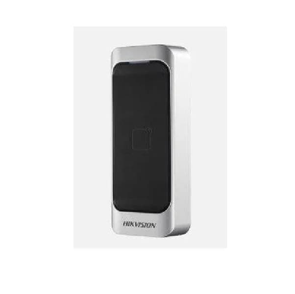 Cititor de card Hikvision DS-K1107AE, citeste carduri cu frecventa de 125 KHz, distanta citire: <= 50 mm, RS-485, Wiegand (W26/W34) protocol si protocol OSDP, indicator de stare si alimentare, buzzer incorporat, tamper, alimentare 12VDC, IP65, dimensiuni 115 mm x 44 mm x 22 mm, montaj pe perete.