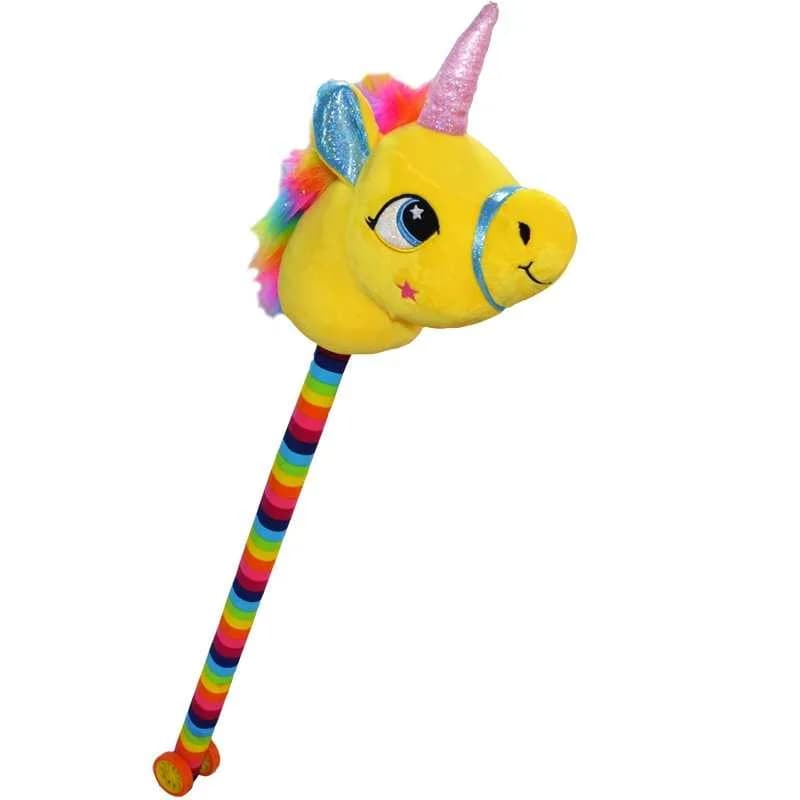 Unicorn de calarit, cu tija + rotile, cu sunet, mov/albastru/roz/galben, 80 cm — miniatură