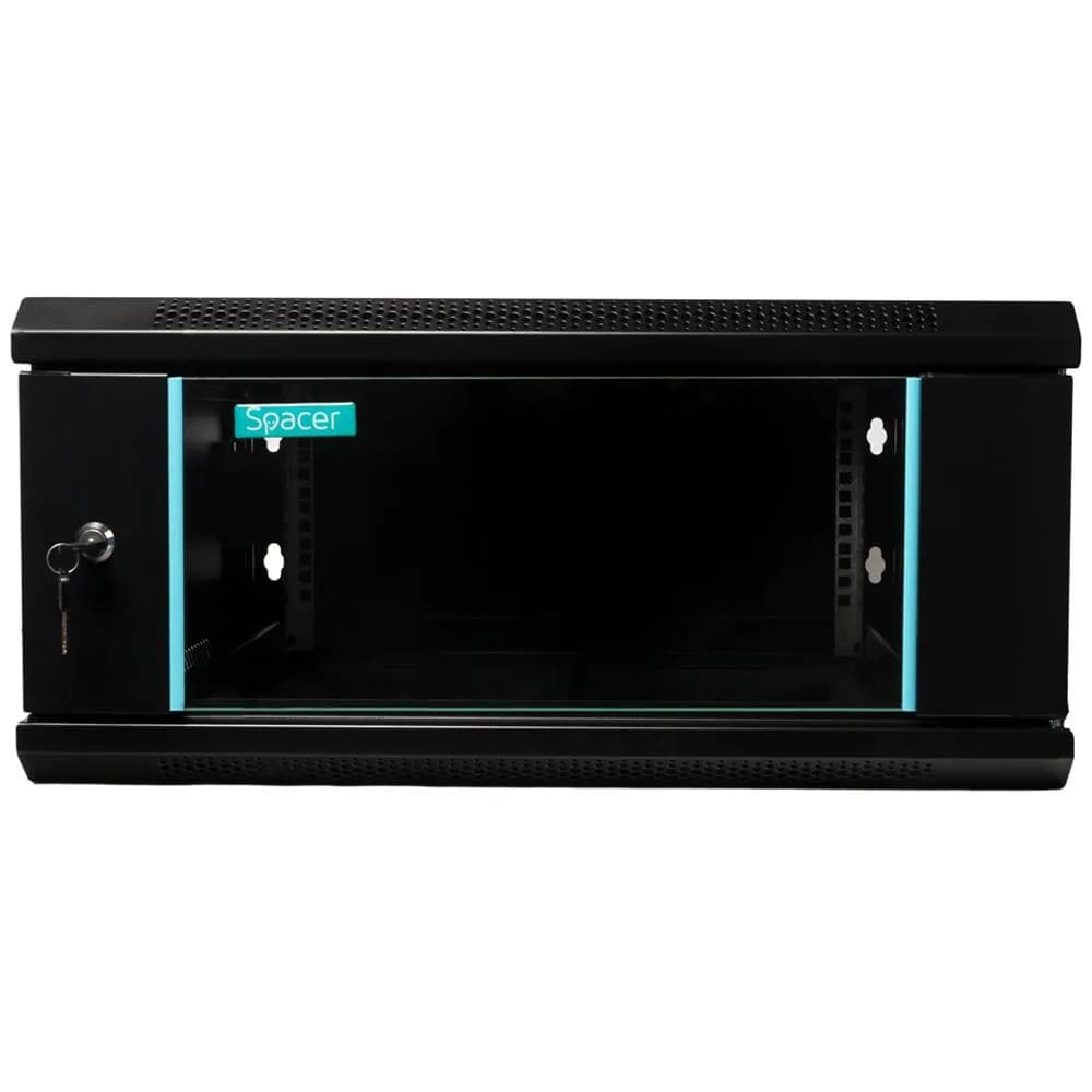 CABINET 19″ SPACER 4U 600x600mm, fixare pe perete, Flatpack (dezasamblat), Black, usa sticla cu blocare, panouri detasabile, otel 1.5mm, sarcina maxima 60Kg — miniatură