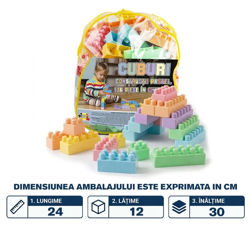 Cuburi constructii, pastel, 136 piese/ghiozdan - ROBENTOYS — miniatură