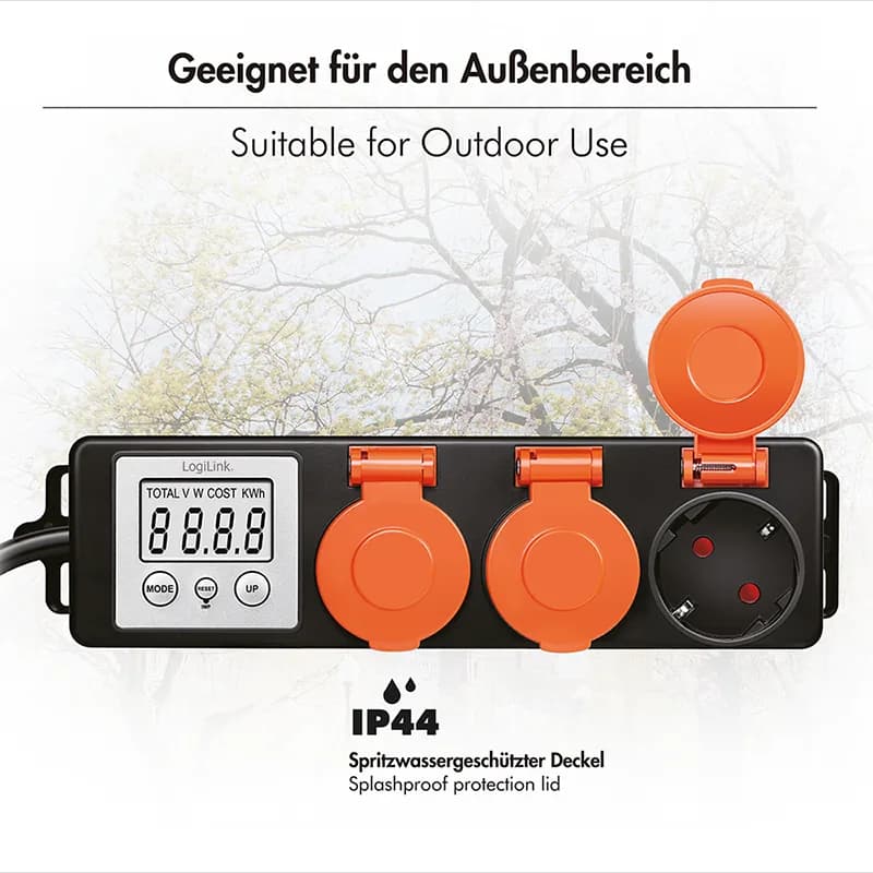 PRELUNGITOR LOGILINK, Schuko x 3, cablu 3G 1.5mm2, 230 V/16 A, 50 Hz, max. 3500 W, contor cost energetic, LCD, 3 butoane operare, IP44, de exterior, 1.4m, negru-portocaliu, "EM0008" — miniatură
