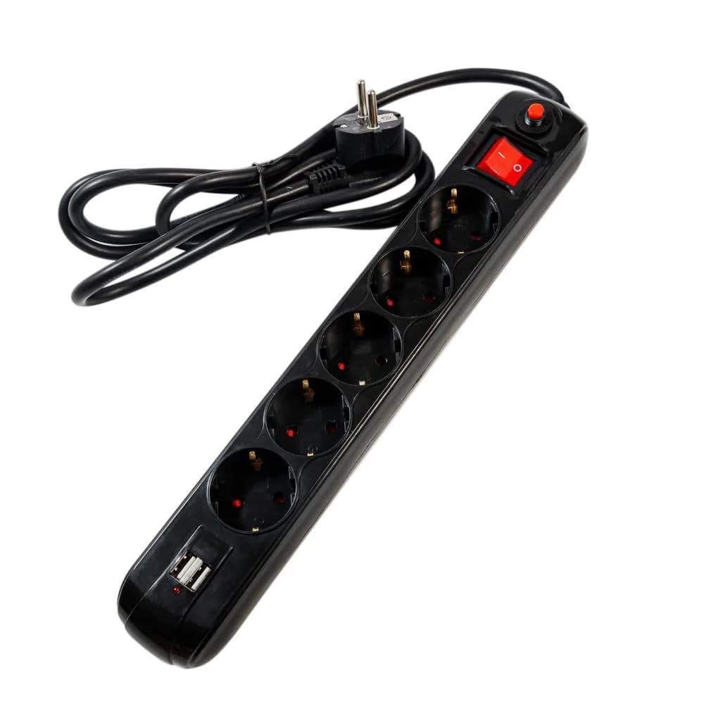 PRELUNGITOR SPACER, Schuko x 5, conectare prin Schuko (T), USB x 2, cablu 1.8 m, 16 A, max. 3500W, protectie supratensiune, negru — miniatură