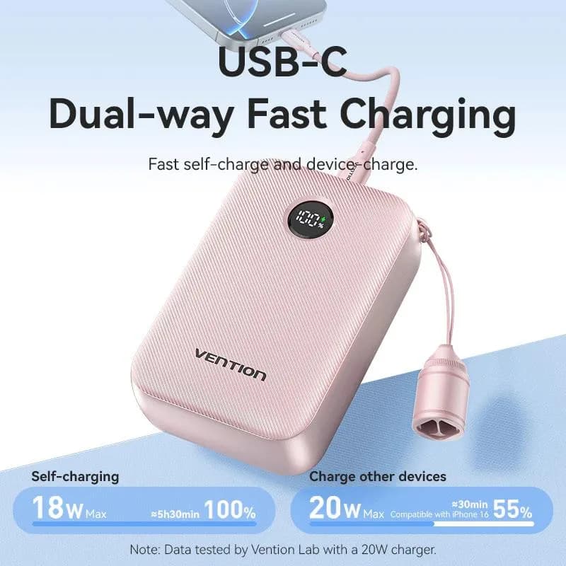 Power Bank Vention 20000mAh Power Bank (USB-C + USB-C/USB-C/USB-A) with Built-in USB-C to USB-C Cable 22.5W Black LED Display Type , "FKBB0-C" - 6922794791312 — miniatură