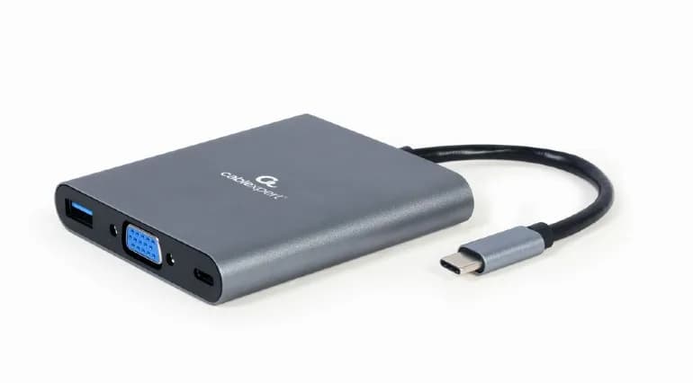 DOCKING Station Gembird universal, 6-in-1, conec PC USB Type C, USB-C x 1, USB-A 3.1 x 1, porturi video HDMIx1, VGAx1, PD 60 W, SD, microSD, Audio, argintiu "A-CM-COMBO6-01"