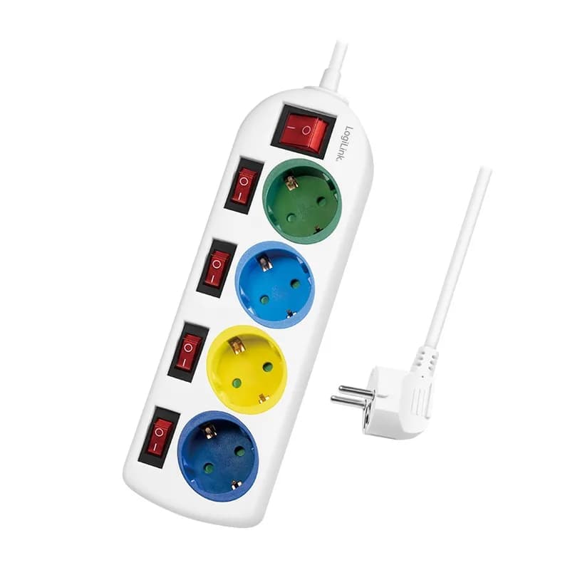 PRELUNGITOR LOGILINK, Schuko x 4, conectare prin Schuko (T), cablu 1.5 m, 16 A, protectie copii, alb/ multicolor, "LPS257"