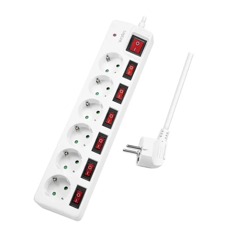 PRELUNGITOR LOGILINK, Schuko x 6, conectare prin Schuko (T), cablu 1.5 m, 16 A, protectie copii, alb, "LPS250"