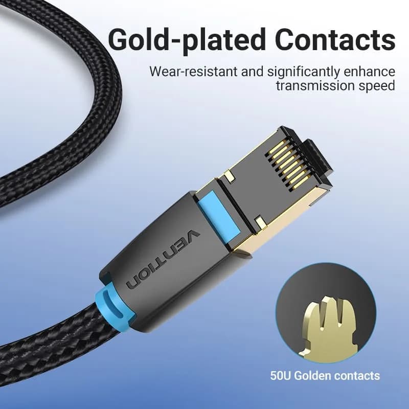 Patch cord SFTP Vention, Cat. 8, RJ-45 (T) la RJ-45 (T), 2m, AWG 30, 40Gbps, ecranat, conectori auriti, negru, "IKGBH" - 6922794749658 — miniatură