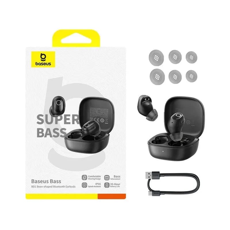 CASTI Baseus Bass BD1 TWS, pt smartphone, wireless, bluetooth 5.4, dual-mic pe casca, IP55 rezistenta apa, 8 ore durata baterie, negru "A00084601123-Z1" - 6932172686789 — miniatură