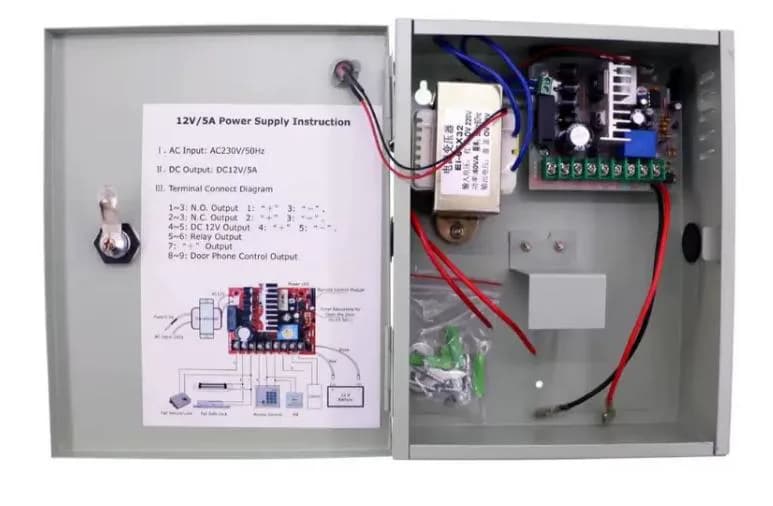 SURSA ALIMENTARE 5A CARCASA METAL Input voltage: 220V AC~240V AC; 50~60Hz Output voltage: 11V DC-14V DC 5A Output contact: locking, access control, exit button Backup battery: Support 12V/7AH (not included) — miniatură