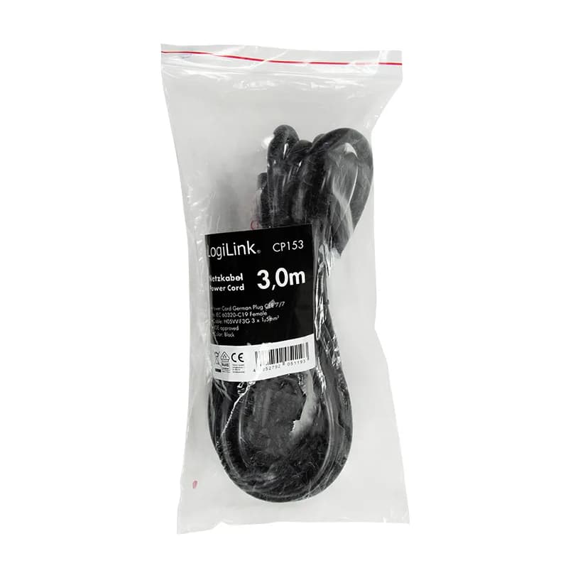 CABLU alimentare LOGILINK 3m, intrare Schuko, iesire C19, 16A, testat VDE, 3x1.5mm, black, "CP153" — miniatură