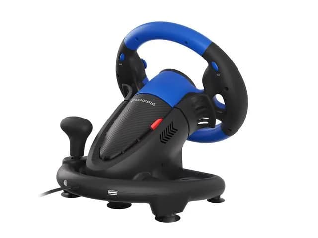 Volan Genesis cu fir Seaborg 350, interfata USB, 15 butoane, rotatie 180°, lungime cablu 200cm, compatibil cu Microsoft XBOX 360, XBOX One, Microsoft XBOX Series S, Microsoft XBOX Series X, Nintendo Switch, PC. Sony PlayStation 3, Sony PlayStation 4, negru/albastru — miniatură