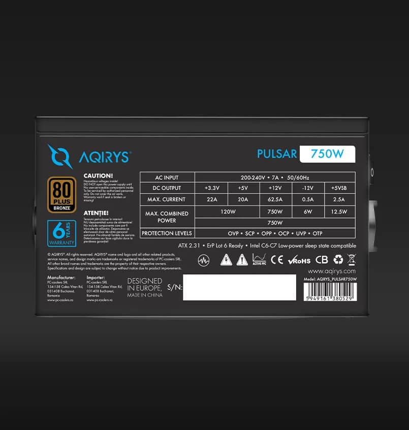 Sursa Aqirys Pulsar, 80+ White, RGB, 750W — miniatură