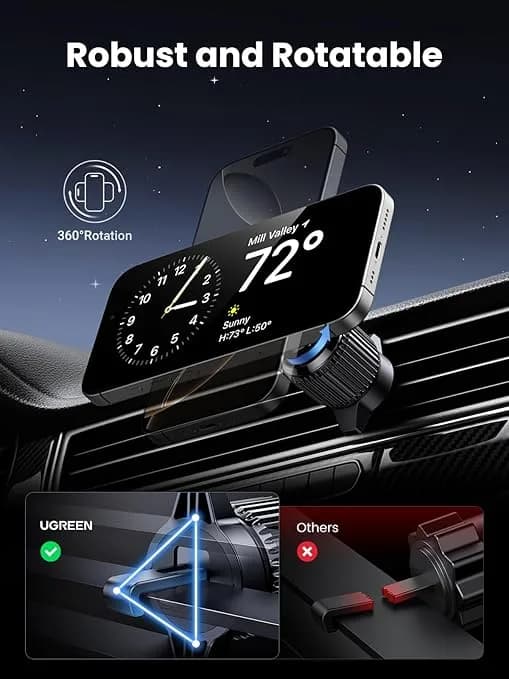 SUPORT AUTO si INCARCATOR wireless Ugreen, "W708" magnetic, incarcare maxim 15W, prindere grilaj ventilatie, negru "35970" - 6941876239702 — miniatură