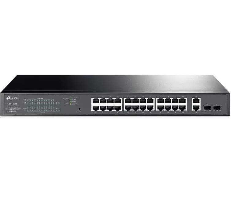 "28-Port Gigabit Easy Smart Switch with 24-Port PoE+ PORT: 24× Gigabit PoE+ Ports, 2× Gigabit Non-PoE Ports, 2×  Gigabit SFP Slots SPEC: 802.3at/af, 250 W PoE Power, 1U 19-inch Rack-mountable Steel Case FEATURE: PoE Auto Recovery, MTU/Port/Tag-based VLAN, QoS, IGMP Snooping, Web/Utility Management