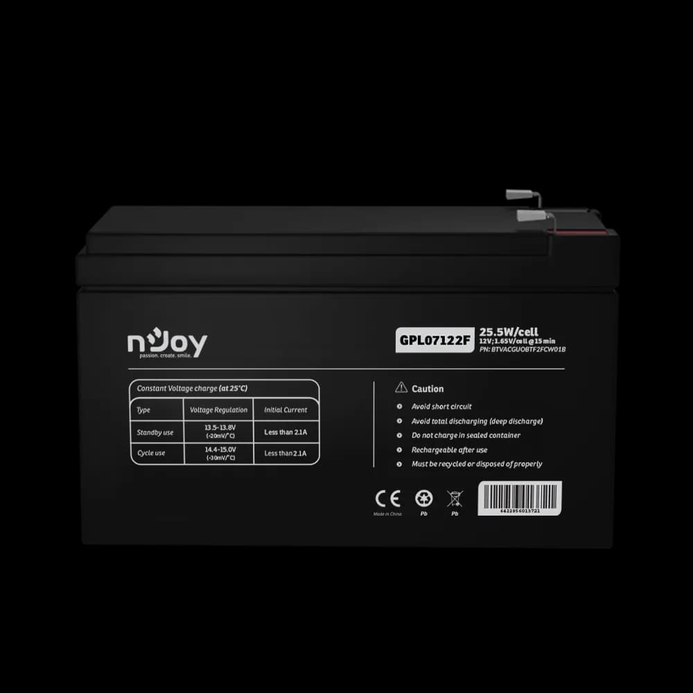 Acumulator nJoy GPL07122F 12V 22.72W/cell, Capacitate 22.72W/cell evaluat la 1,65V/cell@15 min), Tensiune 12V, Tip VRLA - fara mentenanta, Caracteristici: Sigilata complet si fara intretinere, Peste 260 de cicluri la 100% DOD, Utilizare standard 5-8 ani, Auto-descarcare redusa, Conectori : F2 — miniatură