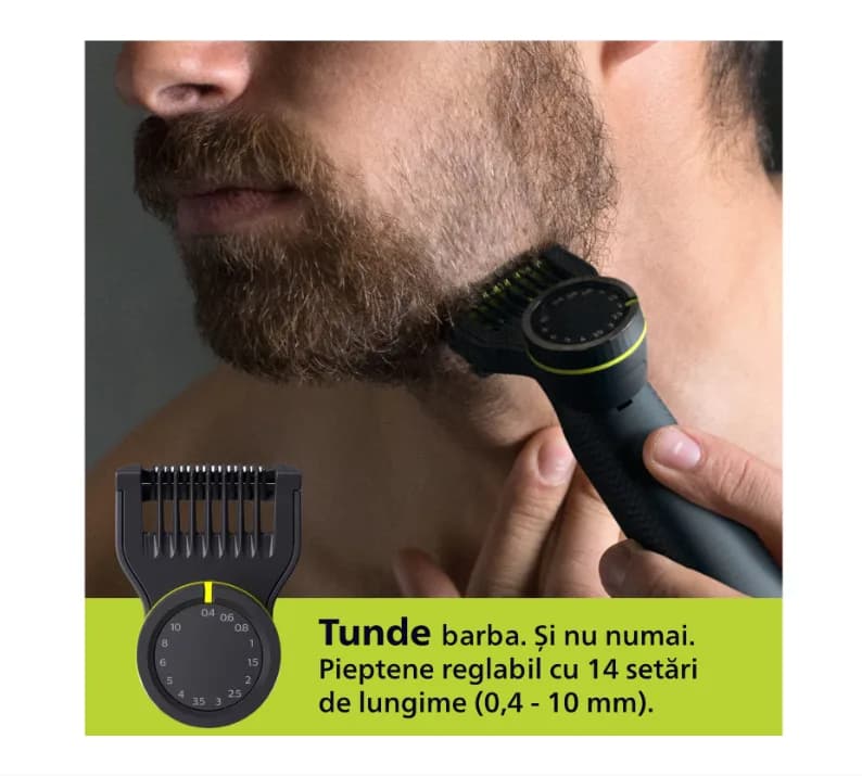 Aparat de ras (0,2mm) si tuns (0,4-10mm) PHILIPS OneBlade Pro QP6542/15, Fata&corp, pieptene cu 14 setari de lungime (0,4-10 mm), 2 accesorii pentru utilizare pe corp, 2 lame 360, 90 min (Li-ion), cablu de alimentare USB-A, fara adaptor pentru priza — miniatură