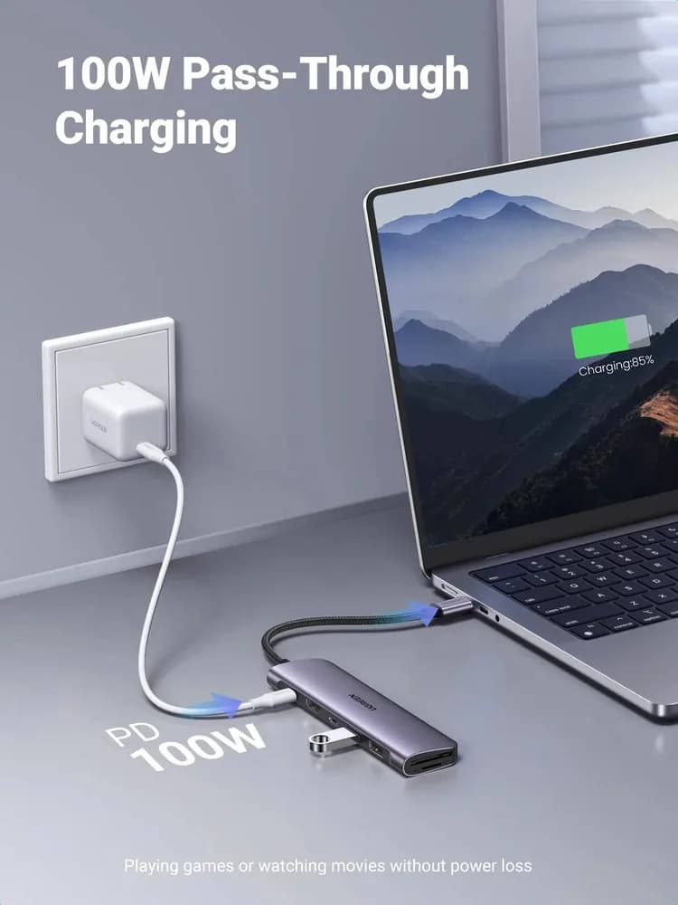 DOCKING Station Ugreen, "CM195" conectare PC USB Type-C, USB 3.0 x 2|HDMI x 1/4K/30Hz|Card reader x 1|USB Type C x 1 PD 100W, aluminiu, gri "15214" — miniatură