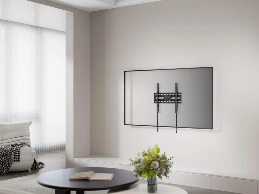 Suport perete TV Serioux 32-75" Fix 75kg Profil 24mm, Produsul este alcatuit din: Placă de perete, Brațe / șine verticale de montaj, Sistem de agățare și blocare, Set de accesorii pentru montaj, Material: Otel, Finisarea suprafeței: vopsea electrostatica, Dimensiune ecran: 32"-75" Compatibilitate — miniatură