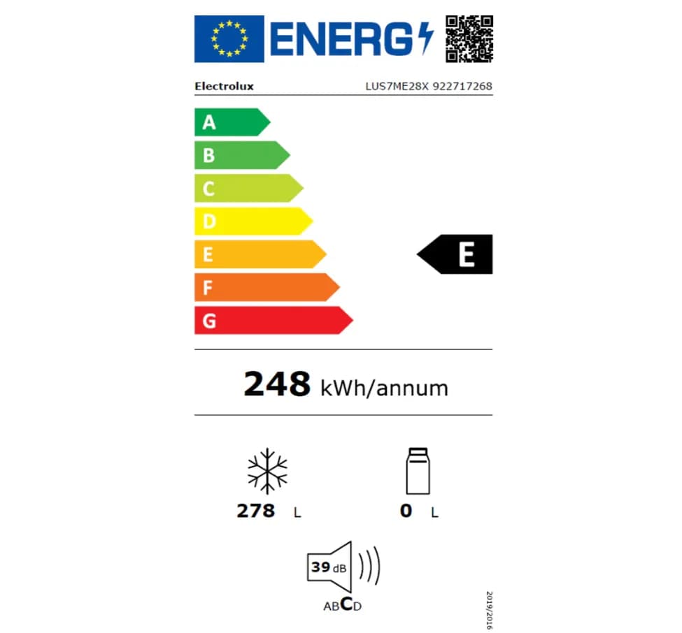 Congelator Electrolux LUS7ME28X, 6 rafturi, 278 l, No Frost, Control electronic, Usa reversibila, Iluminare LED, Clasa E, H 186 cm, Inox antiamprenta — miniatură